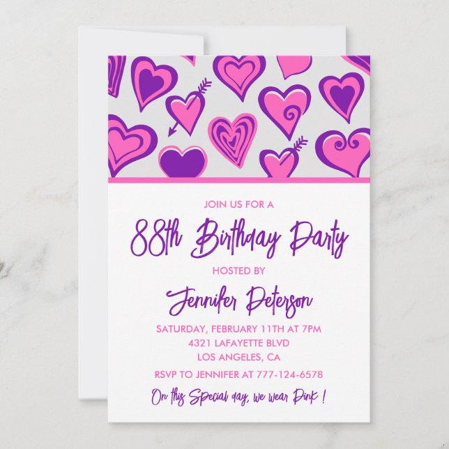 invitaciones de cumpleaños 88 con patrón de corazó (Anverso)