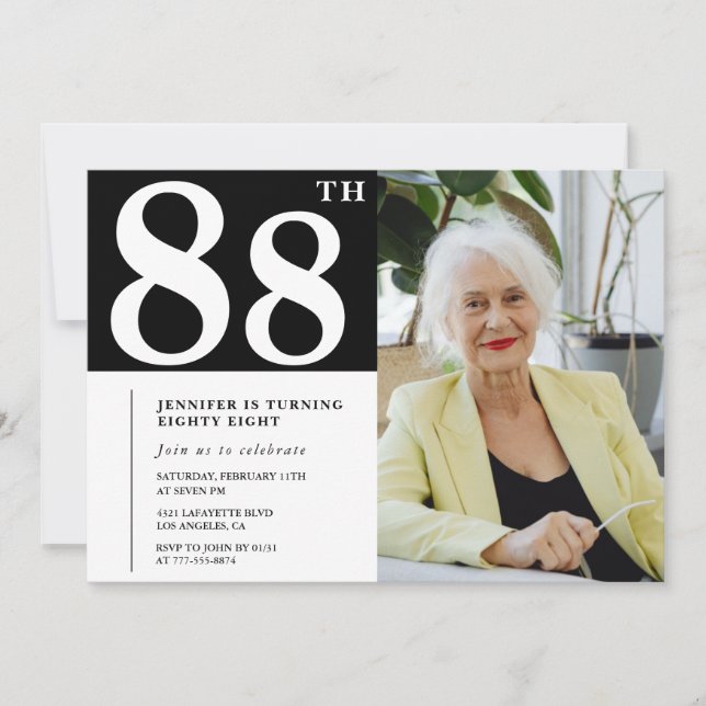 Invitaciones de cumpleaños 88 en foto en blanco y  (Anverso)