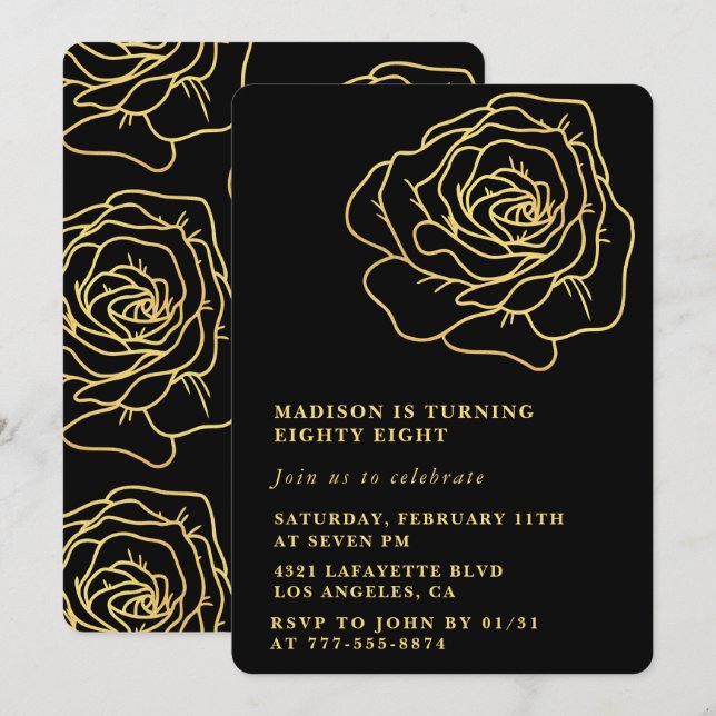 Invitaciones de cumpleaños 88 negras Floral dorado (Anverso / Reverso)