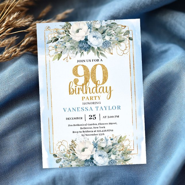 Invitaciones de cumpleaños 90 Blue Greenery Gold G (Blue Greenery Gold Glitter 90th Birthday Invitation)