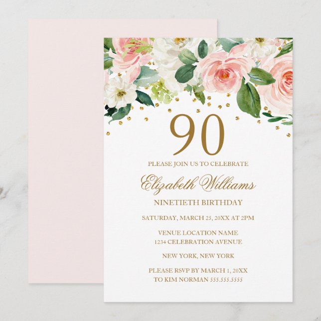 Invitaciones de cumpleaños 90 con acuarela floral  (Anverso / Reverso)