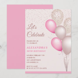 invitaciones de cumpleaños 90 globos confeti rosa