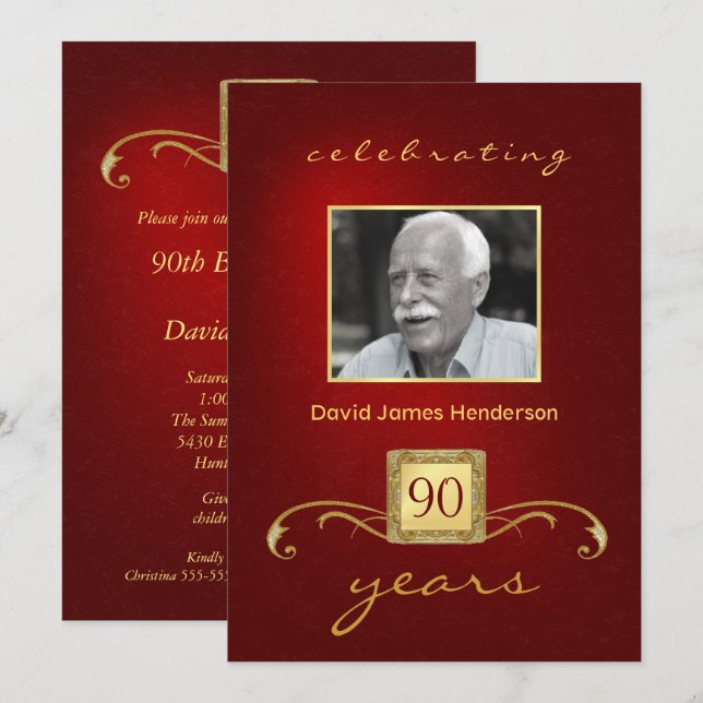 Invitaciones de cumpleaños 90 - Monograma rojo y o (Anverso / Reverso)