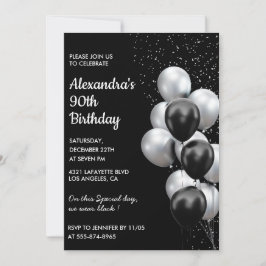 Invitaciones de cumpleaños 90 negras Globos Plata