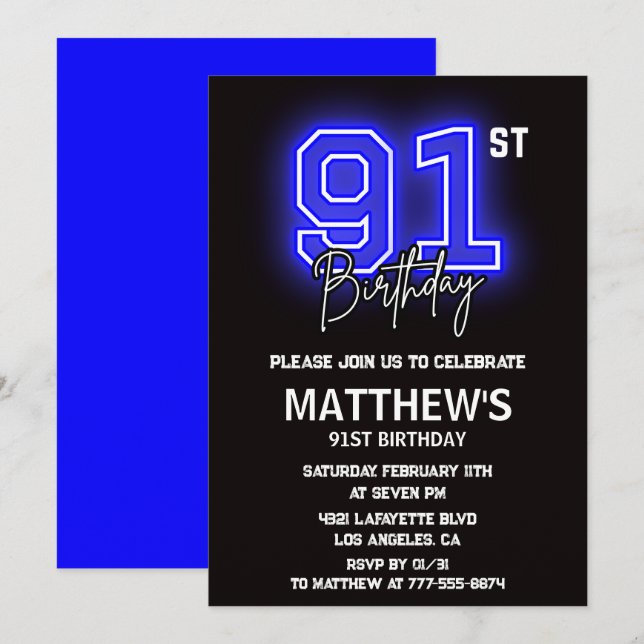 invitaciones de cumpleaños 91 Neon Negro Azul (Anverso / Reverso)