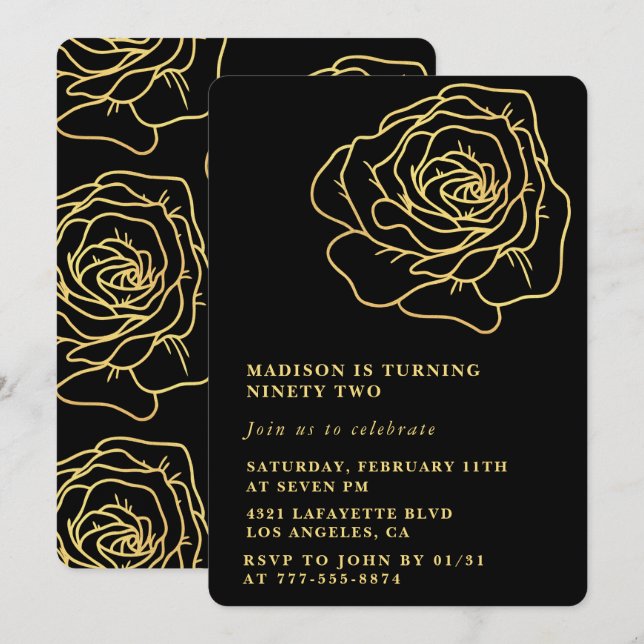 invitaciones de cumpleaños 92 negras Floral dorado (Anverso / Reverso)