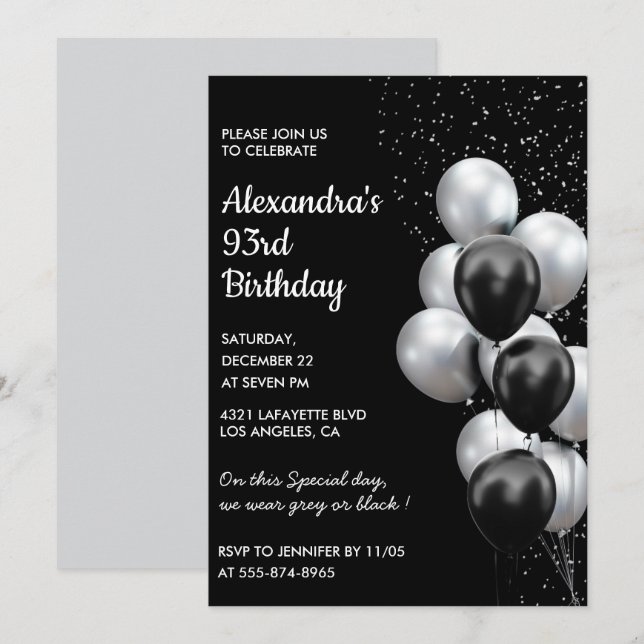Invitaciones de cumpleaños 93 negras Globos Plata (Anverso / Reverso)
