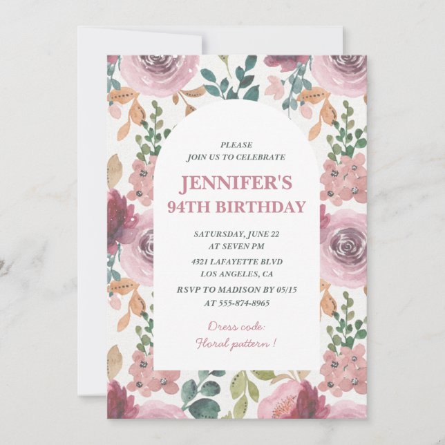 Invitaciones de cumpleaños 94 florales Chic Aquare (Anverso)