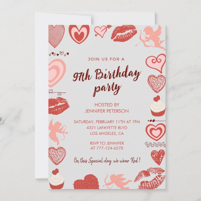 Invitaciones de cumpleaños 97 Elegantes Corazones  (Anverso)