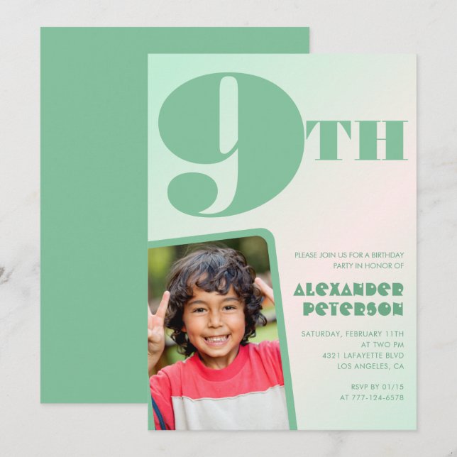 Invitaciones de cumpleaños 9 verdes Colorida Foto (Anverso / Reverso)