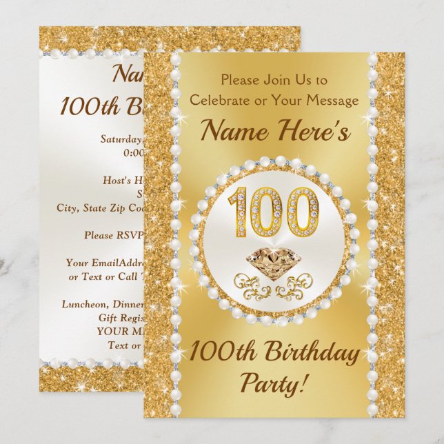 Invitaciones de cumpleaños a 100 años, encantadora (Anverso / Reverso)