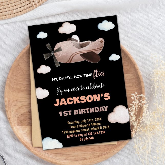 Invitaciones de cumpleaños a avión de Black Brown (Black Brown Airplane Birthday Invitations)