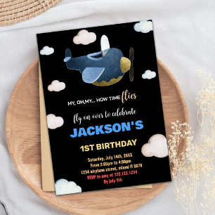 Invitaciones de cumpleaños a avión de Black White