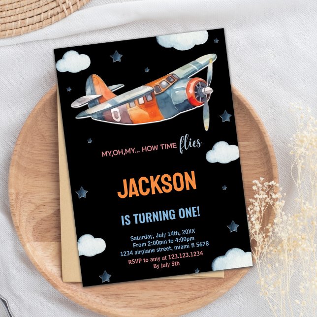 Invitaciones de cumpleaños a avión de Naranja negr (Black Orange Airplane Birthday Invitations)
