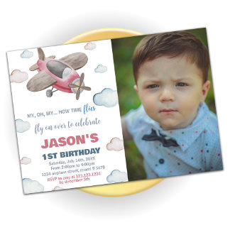 Invitaciones de cumpleaños a avión marrón rojo con