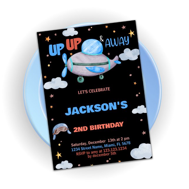 Invitaciones de cumpleaños a avión negro azul marr (Airplane Birthday Invitations Brown Blue Black)