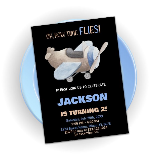 Invitaciones de cumpleaños a avión negro gris marr (Airplane Birthday Invitations Brown Gray Black)