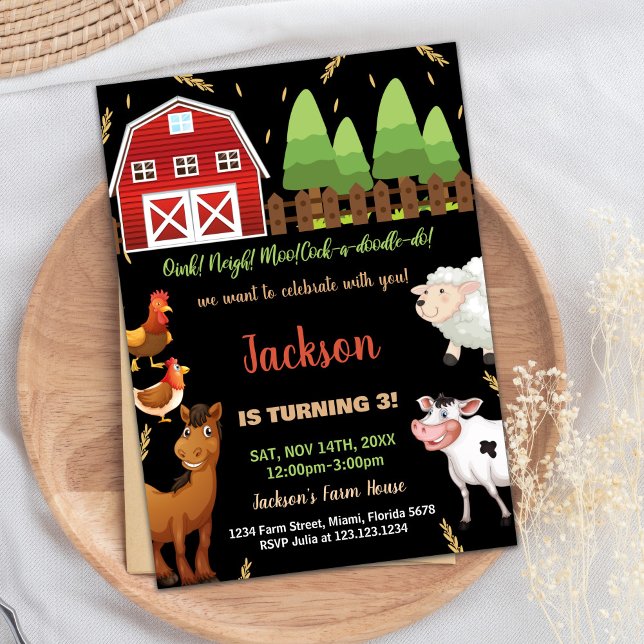 Invitaciones de cumpleaños a Black Brown Green Far (Black Brown Green Farm Birthday Invitations)