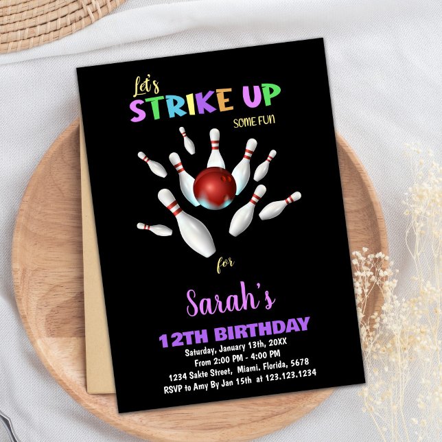 Invitaciones de cumpleaños a Black Purple Bowling (Black Purple Bowling Birthday Invitations)