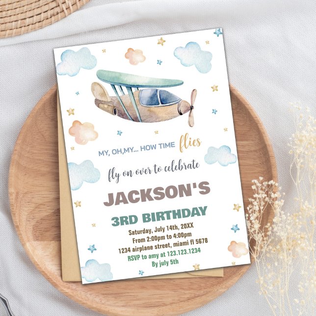 Invitaciones de cumpleaños a Brown Green Airplane (Brown Green Airplane Birthday Invitations)