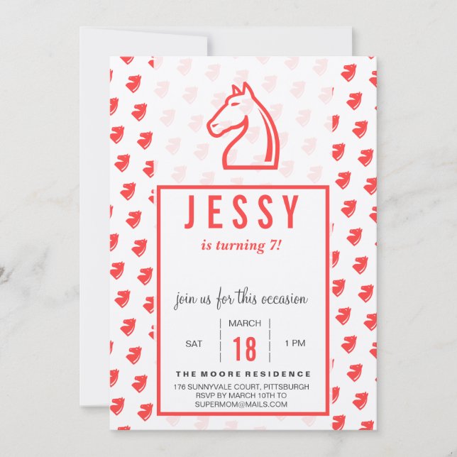 Invitaciones de cumpleaños a caballo rojo coral (Anverso)
