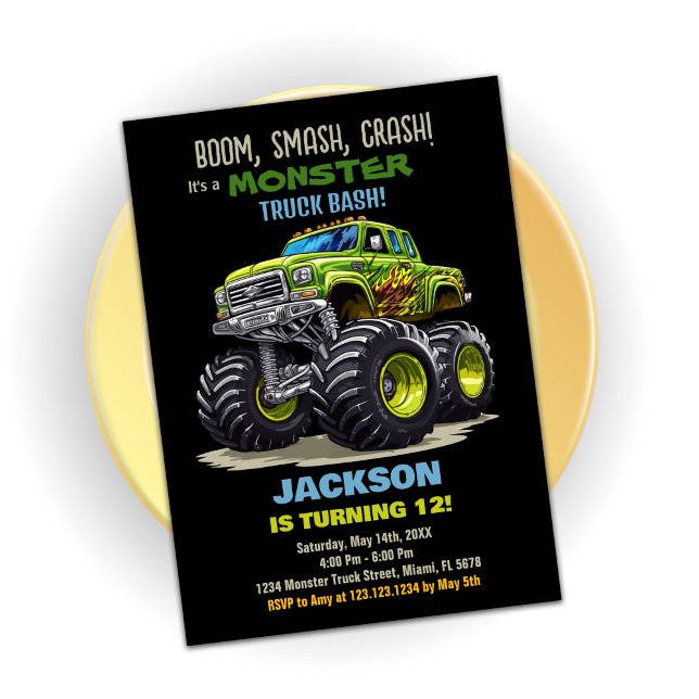 Invitaciones de cumpleaños a Camión Negro Verde (Green Black Monster Truck Birthday Invitations)