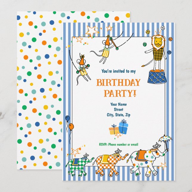 Invitaciones de cumpleaños a Circus Animals (Anverso / Reverso)