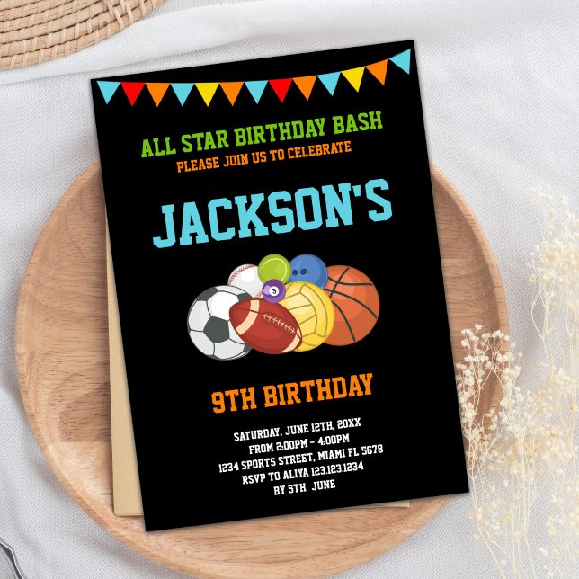 Invitaciones de cumpleaños a Fiestas de deportes n (All Stars Black Sports Party Birthday Invitations)