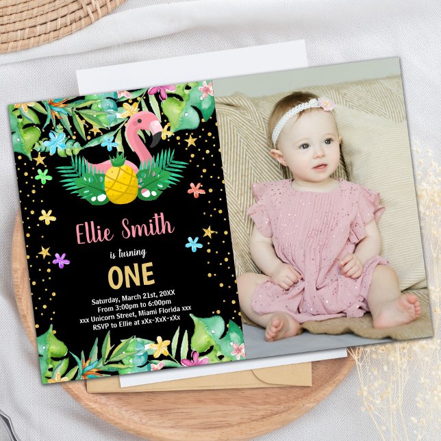 Invitaciones de cumpleaños a Flamingo de piña negr (PhotoBlack Pineapple Flamingo Birthday Invitations)