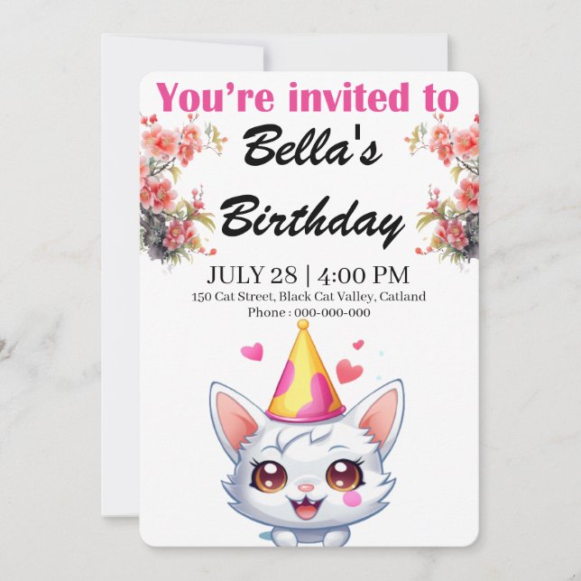 Invitaciones de cumpleaños a gatos personalizados  (Anverso)