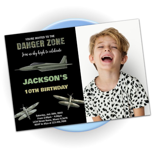 Invitaciones de cumpleaños a Jet Fighter con foto (Danger Fighter Jet Birthday Invitations With Photo)