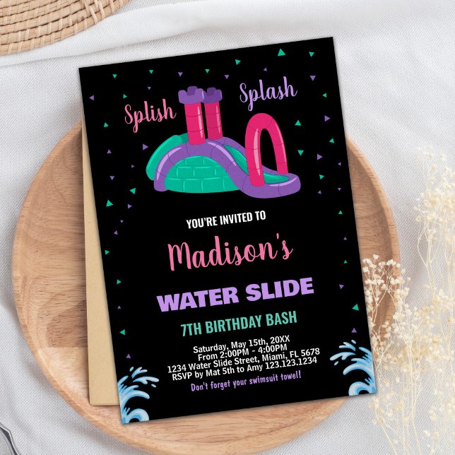 Invitaciones de cumpleaños a la diapositiva de agu (Purple Black Pink Water Slide Birthday Invitations)