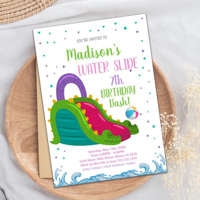 Invitaciones de cumpleaños a la Diapositiva de Agu (Green Pink Water Slide Birthday Invitations)