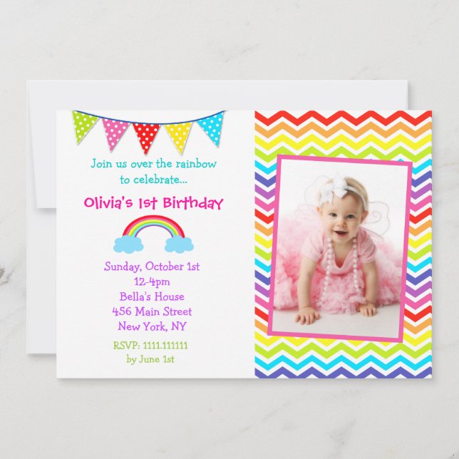 Invitaciones de cumpleaños a la foto arcoiris (Anverso)