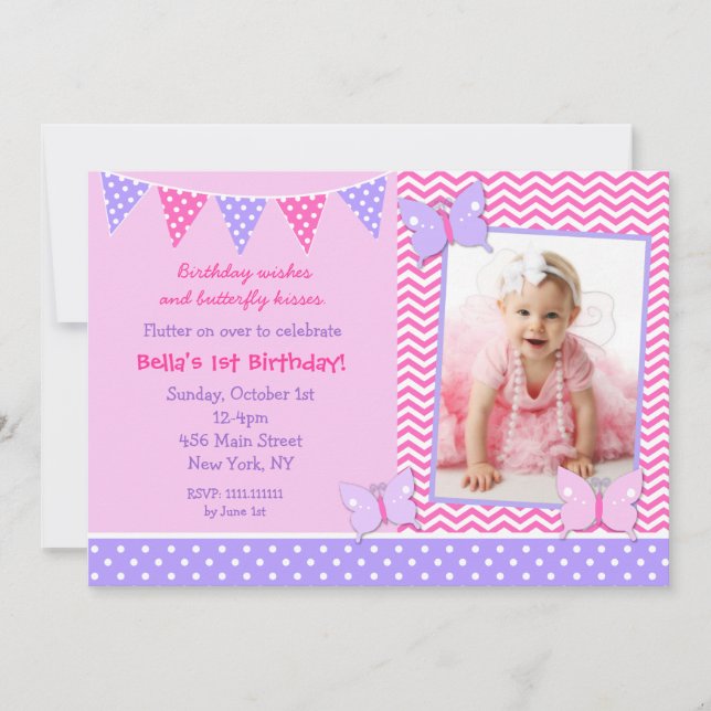 Invitaciones de cumpleaños a la foto de mariposa (Anverso)
