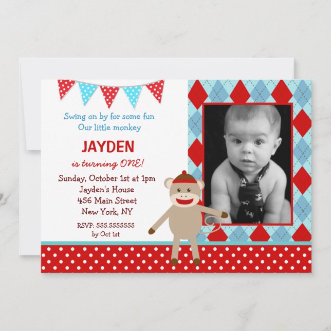 Invitaciones de cumpleaños a la foto del mono choc (Anverso)