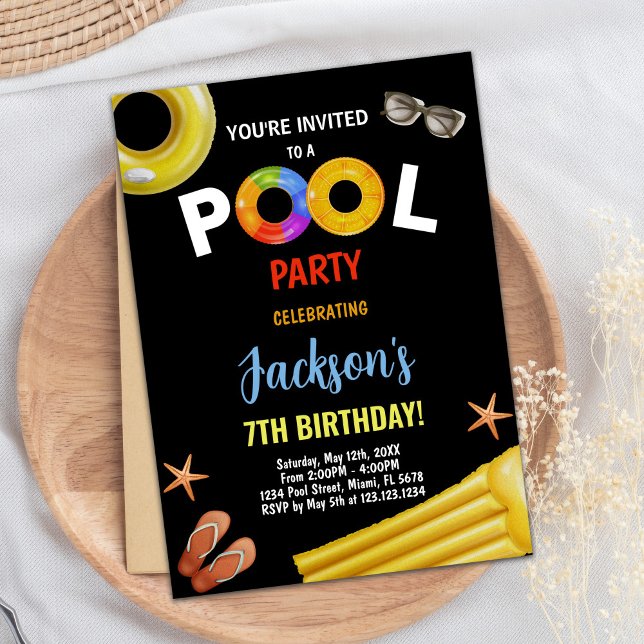 Invitaciones de cumpleaños a la piscina azul amari (Black Yellow Blue Pool Birthday Invitations)