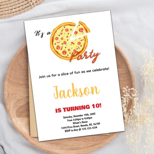 Invitaciones de cumpleaños a la pizza roja blanca  (Yellow Orange White Red Pizza Birthday Invitations)