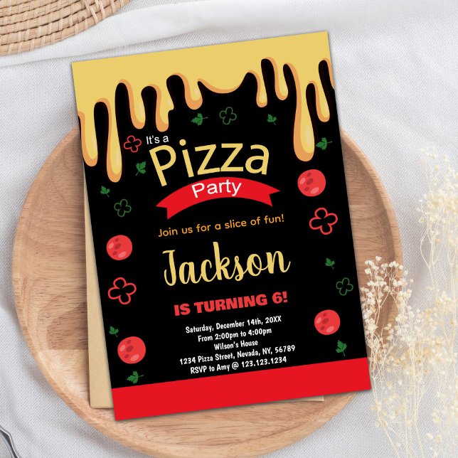 Invitaciones de cumpleaños a la pizza verde amaril (Yellow Red Green Pizza Birthday Invitations)