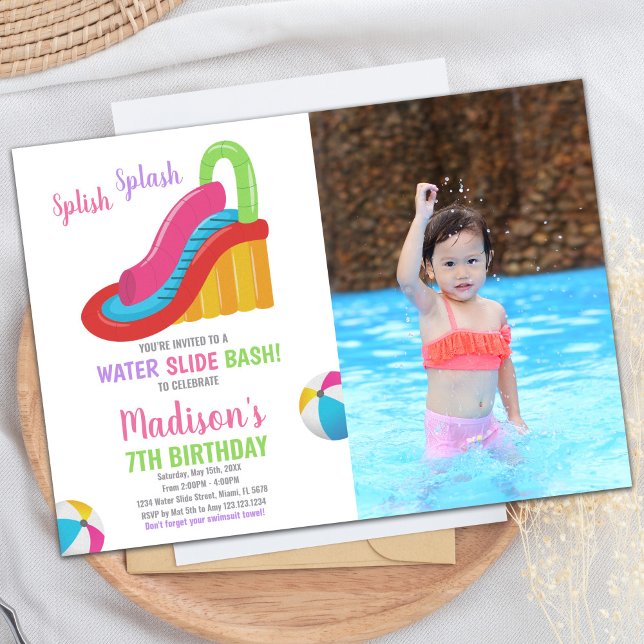 Invitaciones de cumpleaños a la presentación de ag (White Pink Photo Water Slide Birthday Invitations)