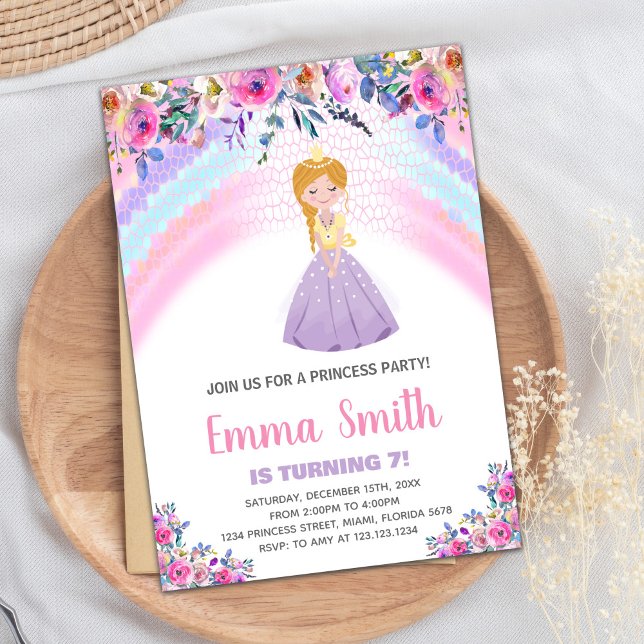 Invitaciones de cumpleaños a la Princesa Morada Fl (Floral Purple Princess Birthday Invitations)