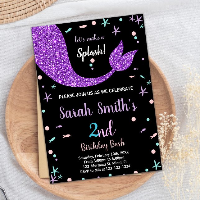 Invitaciones de cumpleaños a la sirena negra rosad (Black Pink Mermaid Tail Birthday Invitations)