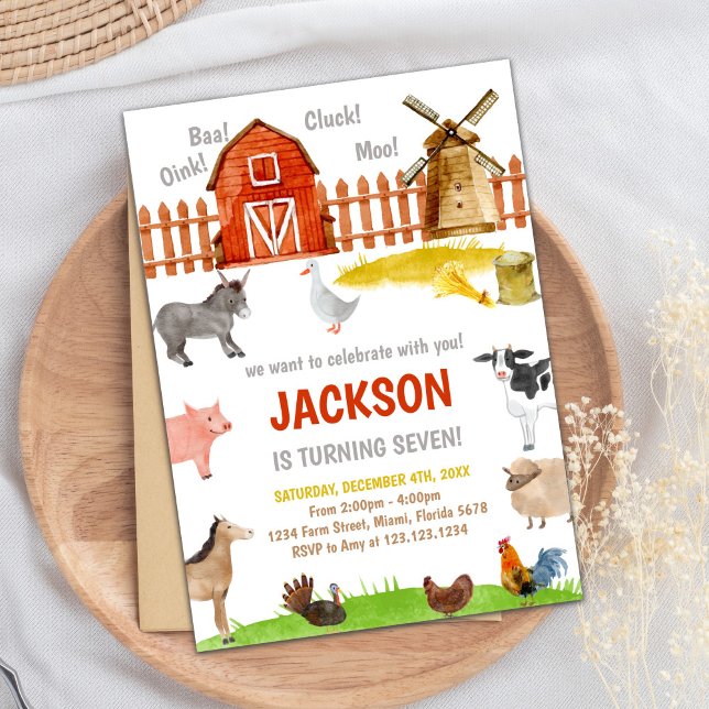 Invitaciones de cumpleaños a los animales de la gr (Brown Red Farm Animals Birthday Invitations)