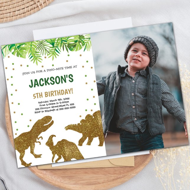 Invitaciones de cumpleaños a los dinosaurios Purpu (Brown Glitter Dinosaur Birthday Invitations photo)