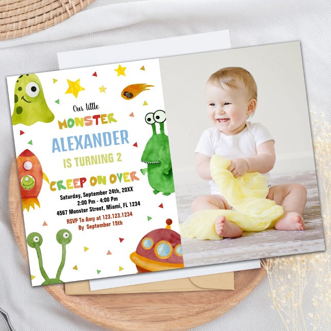 Invitaciones de cumpleaños a los Monstruos Blancas (Monster Birthday Invitations White with photo)