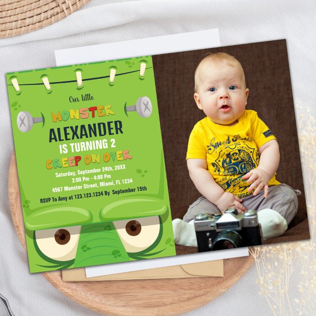 Invitaciones de cumpleaños a los monstruos, foto d (Monster Birthday Invitations, Green Monster photo Invitation)
