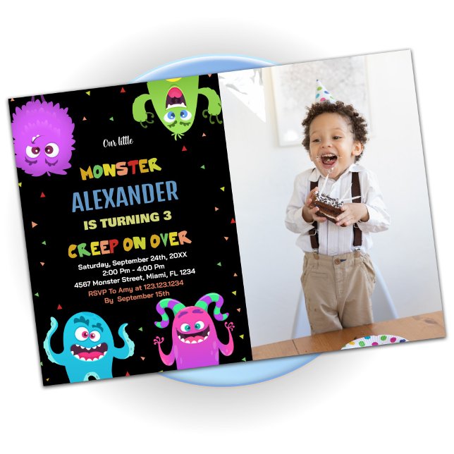 Invitaciones de cumpleaños a los monstruos Foto ve (Monster Birthday Invitations Green Black photo)