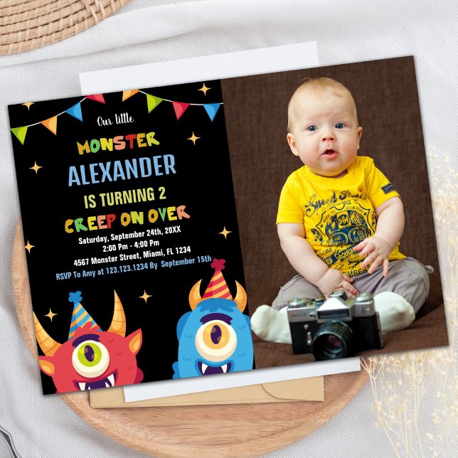 Invitaciones de cumpleaños a los monstruos Marcas  (Monster Birthday Invitations Colour Flags w photo)