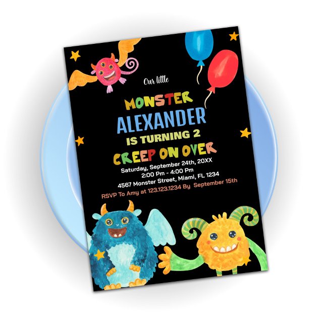 Invitaciones de cumpleaños a los monstruos WaterCo (Monster Birthday Invitations WaterColour Black)