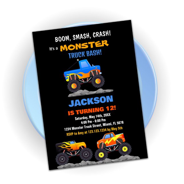 Invitaciones de cumpleaños a Monster Truck Black (Monster Truck Birthday Invitations Black)